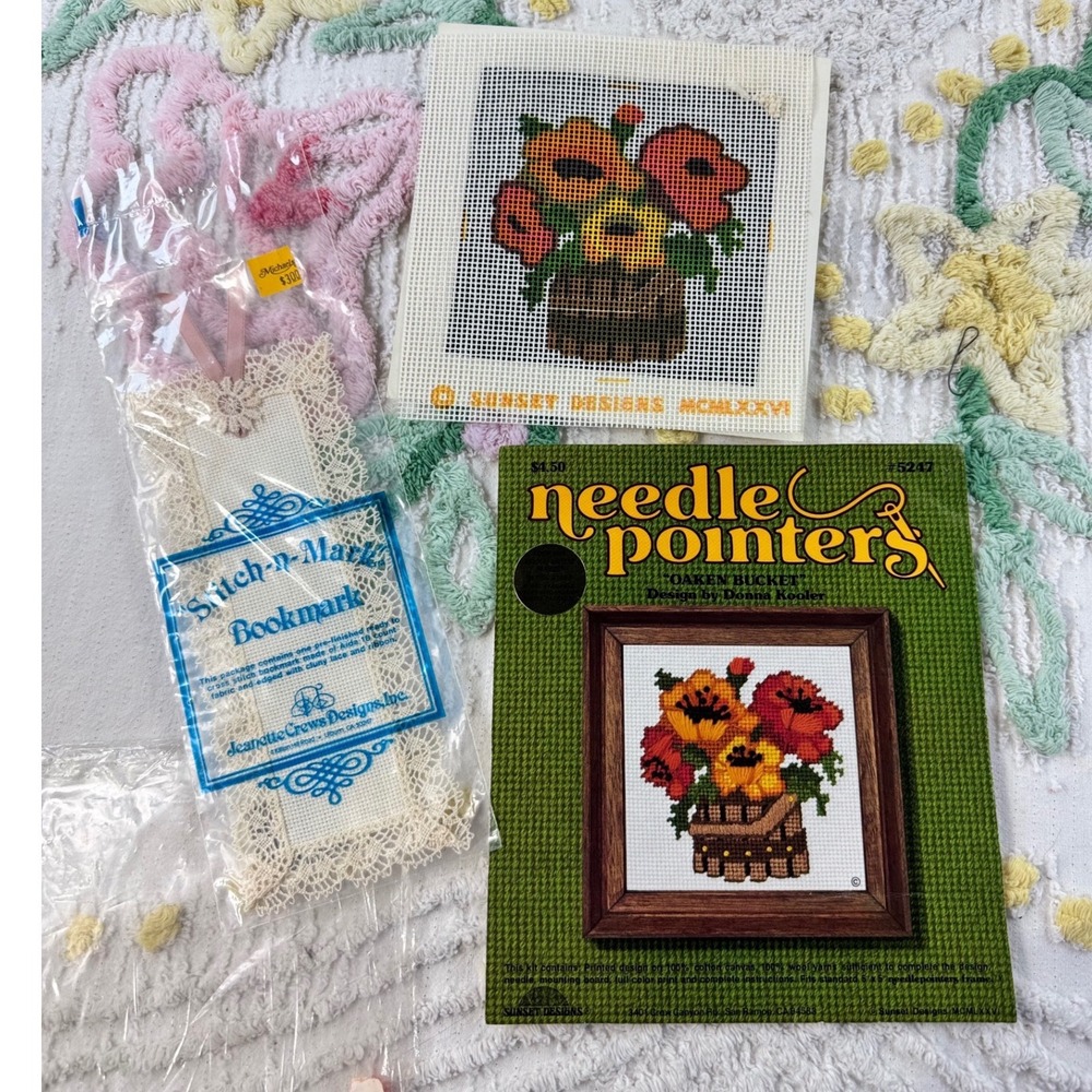 Vintage Sunset Designs Needlepoint Oaken Bucket & Jeanette Crews Lace Bookmark